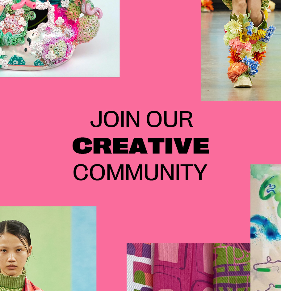 Pink image with cropped images of student work, copy reads: Join our creative community.