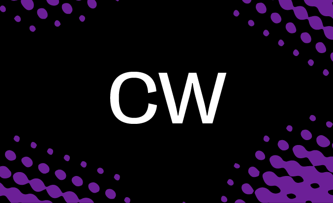 Black tile with purple pixellated accents and the initials "CW" in the centre.