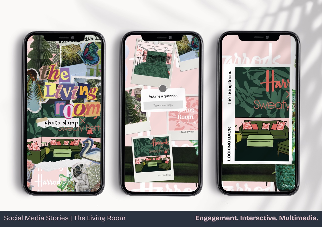 Three mobile phone screens displaying social media stories titled "The Living Room." The screens feature vibrant graphics, including a green sofa, plant imagery, and text prompts like "Ask me a question" and "Looking back." The overall design is colourful and interactive.