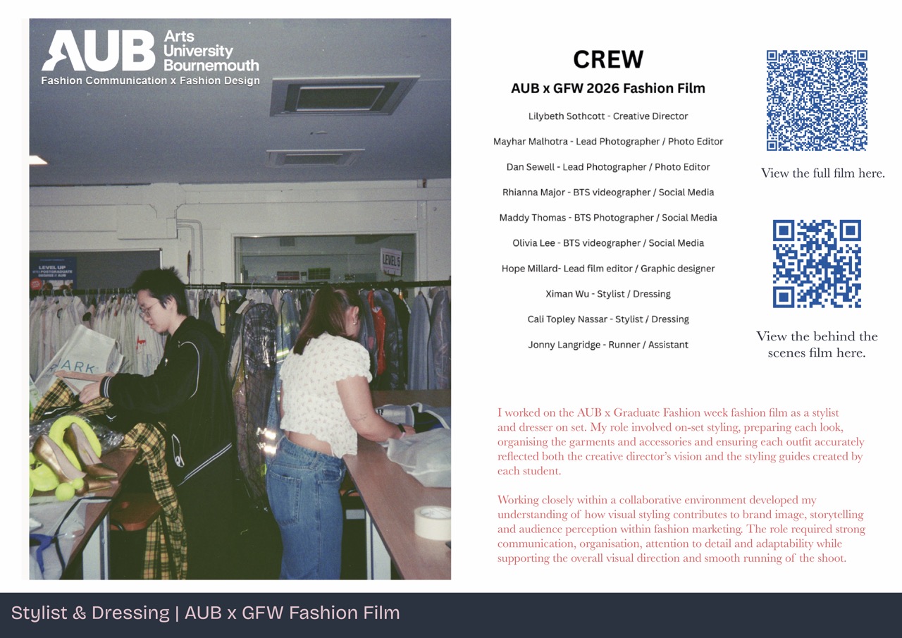 A fashion film crew information poster featuring a layout with the title "CREW" and the AUB logo. The left side shows a photograph of a person sorting clothes in a wardrobe, while the right side lists crew members and includes QR codes for additional information.