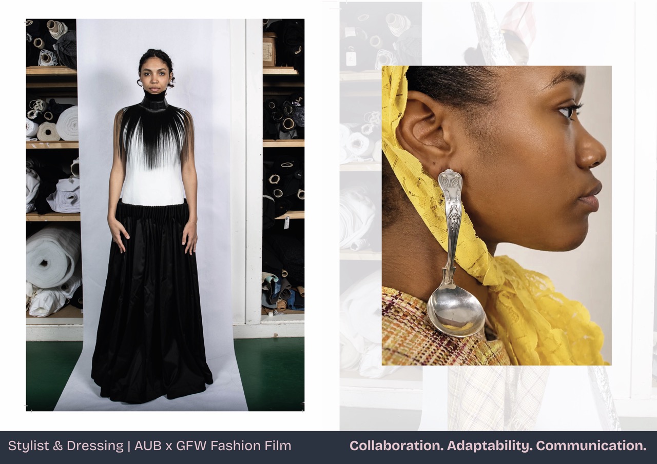 A model poses in a contemporary black and white outfit featuring a high-necked top and a long black skirt, standing against a background of fabric rolls. On the right, a close-up shows a model with a spoon as an earring, wearing yellow fabric around her neck.