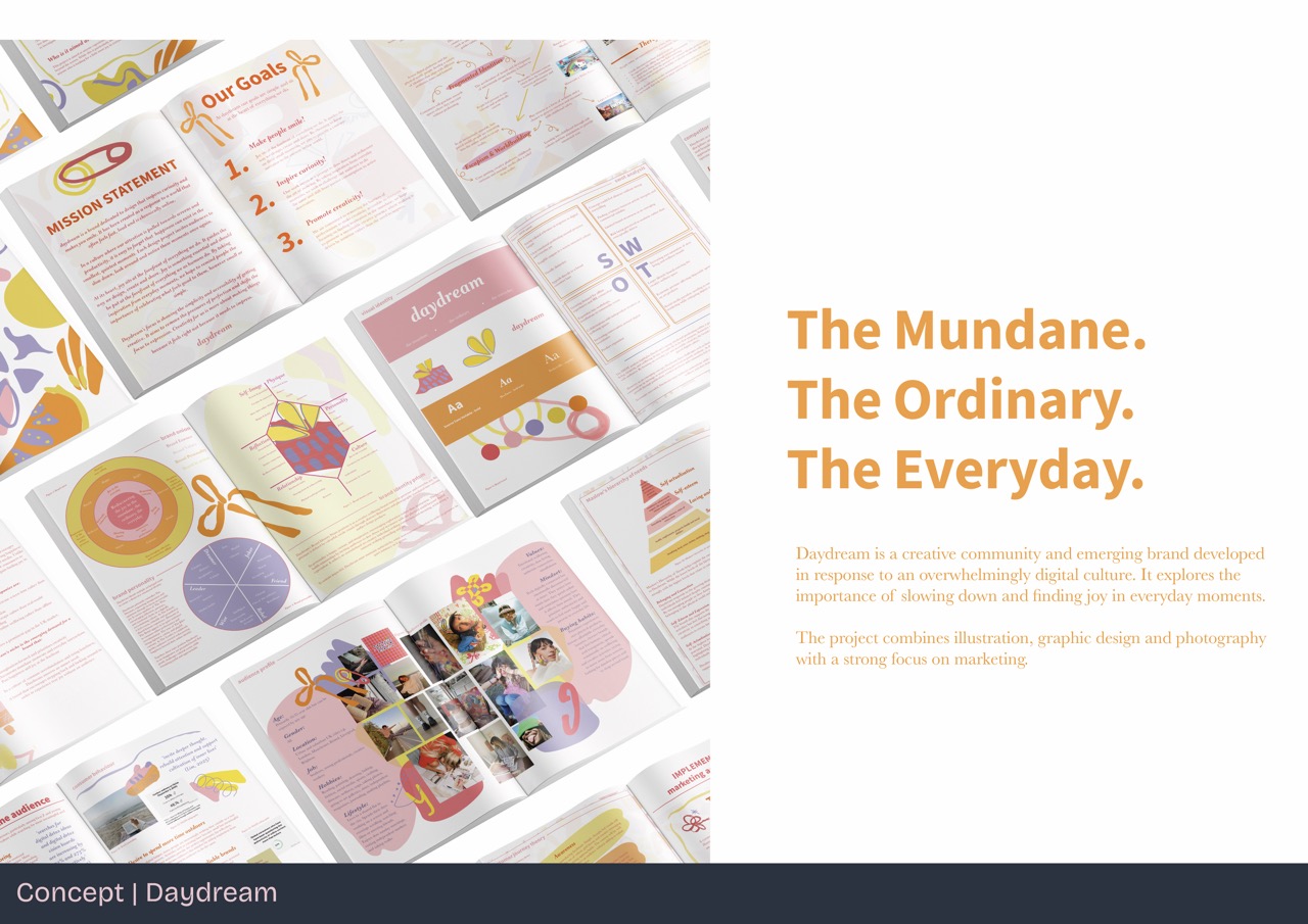 A collage of various designed pages showcasing illustrations, graphics, and text, including a title stating 'The Mundane. The Ordinary. The Everyday.' The design features vibrant colours and diverse layouts, reflecting a creative community initiative.