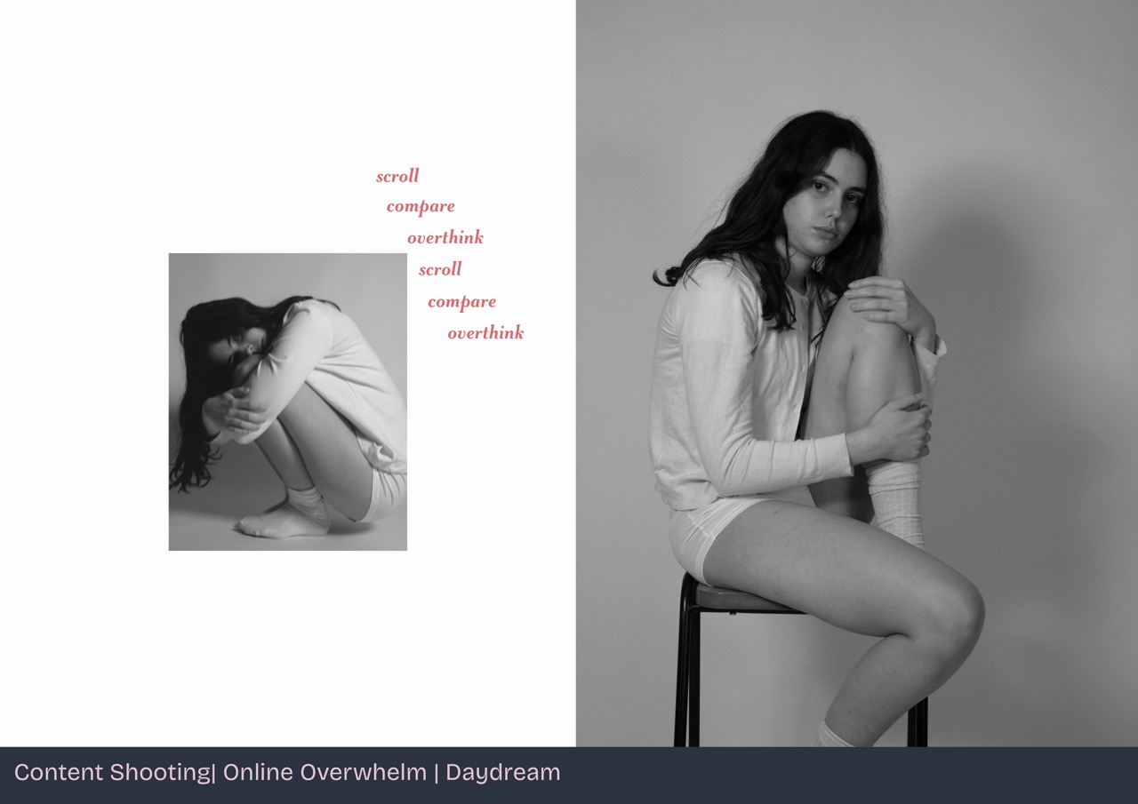 A woman sitting on a black stool, wearing a white top and shorts, holding her knees. To the left, a smaller image depicts her curled up in a fetal position in black and white, with red text overlaying the larger image that says 'scroll', 'compare', 'overthink'.