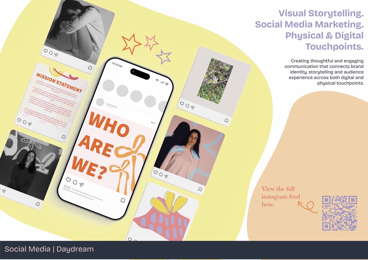 An image featuring various social media posts displayed on mobile and stationary background layouts. One highlighted post reads "WHO ARE WE?" in bold orange letters, alongside graphics and photos showcasing design elements and a mission statement.