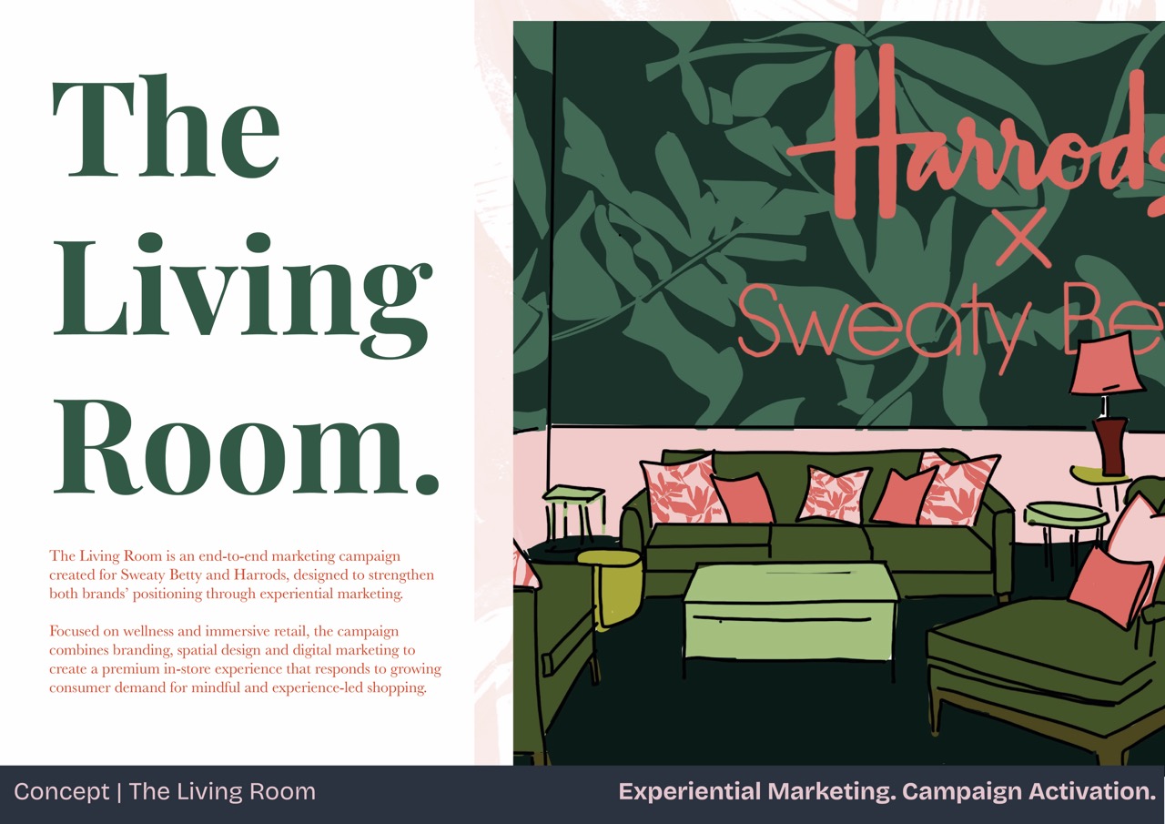 An illustration for a marketing campaign titled 'The Living Room' featuring the Harrods and Sweaty Betty logos. The design includes a green sofa with cushions, a coffee table, and a backdrop featuring leafy patterns and text discussing the campaign's experiential marketing goals.