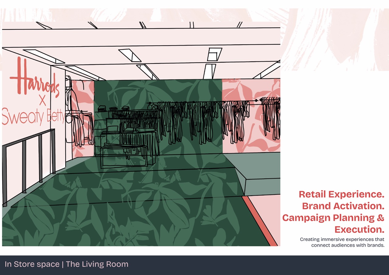An illustrated design layout of a retail space featuring clothing racks against a pink and green backdrop with palm leaves. The right side includes text highlighting the collaboration between Harrods and Sweaty Betty, focusing on retail experience and brand activation.