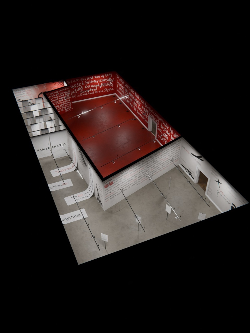 Bird's-eye view of two white and red rooms featuring text written on the walls.