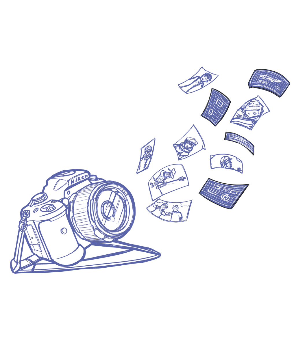 Blue sketch illustration of a camera with photos floating away.