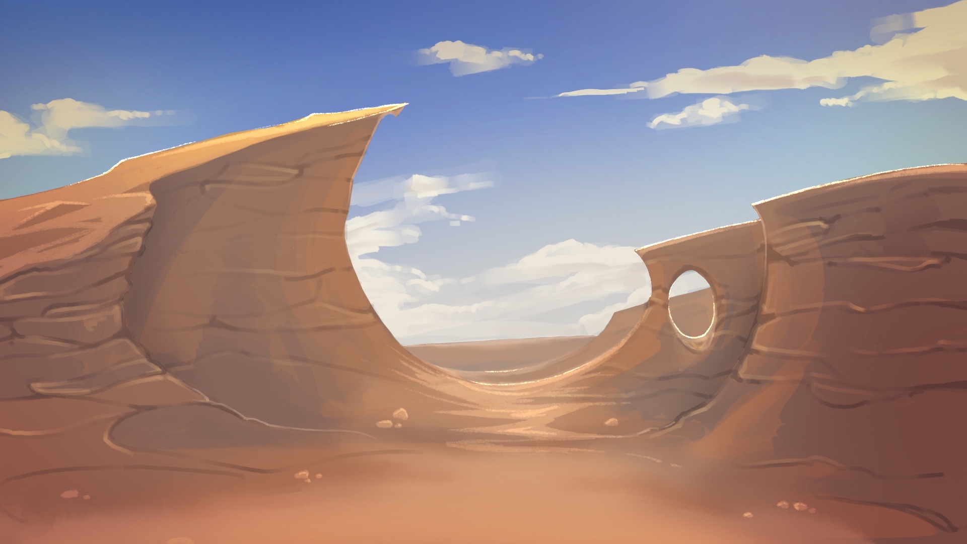 Canyon painting. Midday lighting upon orange soils of rocky dessert environment.