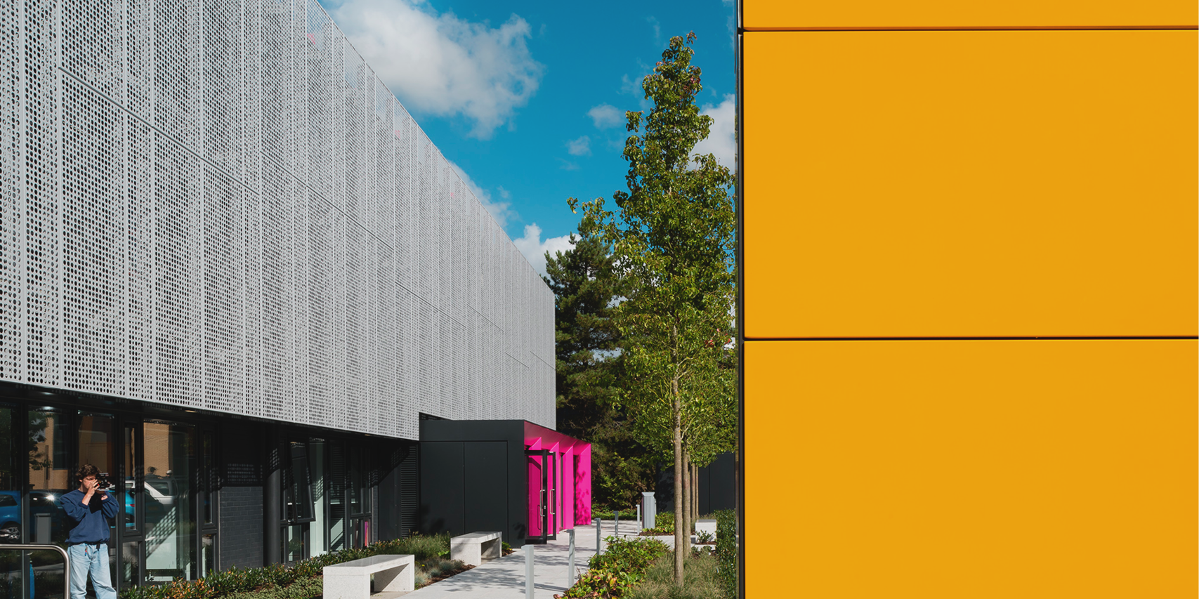 Two university buildings, one with a metal mesh exterior, the other with yellow cladding. There is a path, some trees and some benches in between them.