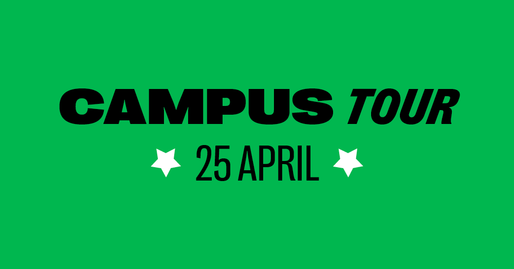 Green tile for Campus Tours with black text and white stars.