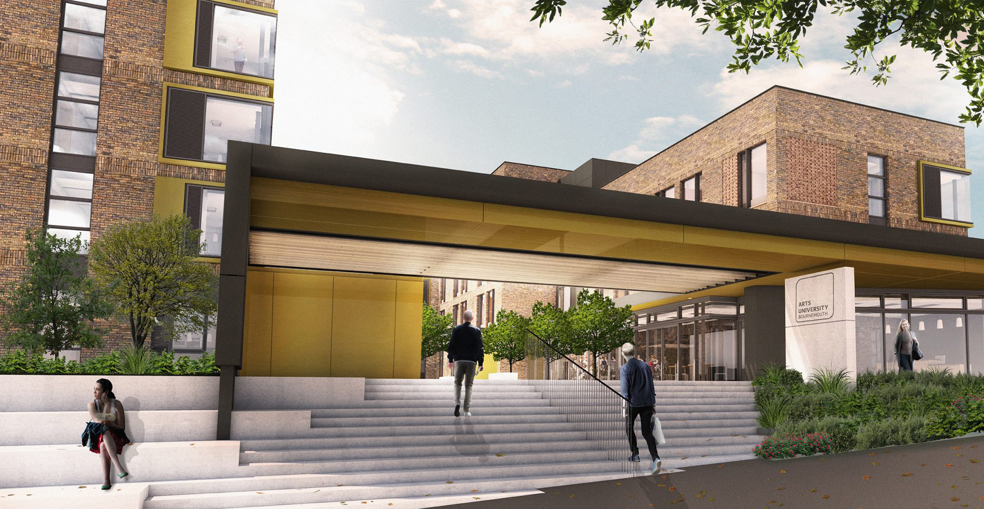 Large university building with people walking up steps towards it.