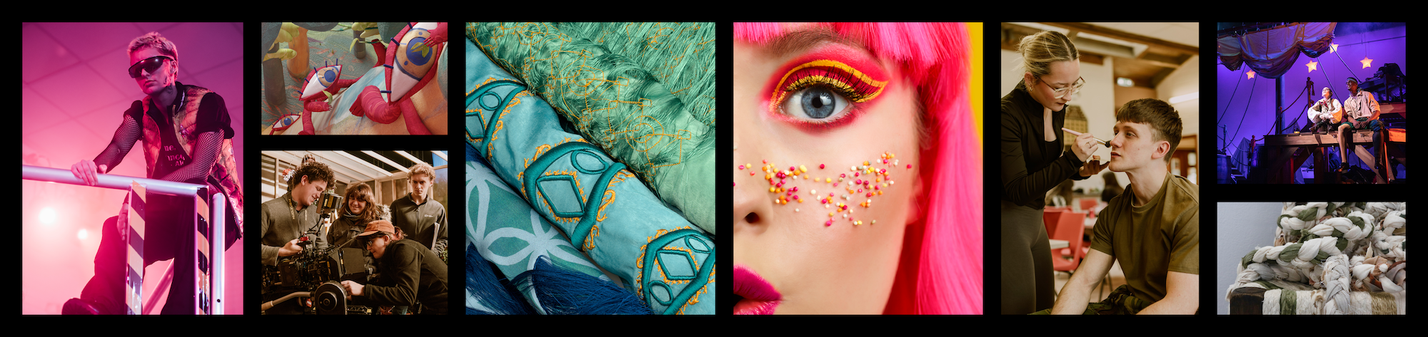 Grid of six diverse images: pink-tinted figure, military scene, turquoise spiral staircase, close-up face with red tones, classical painting with multiple figures, purple-lit performance stage.