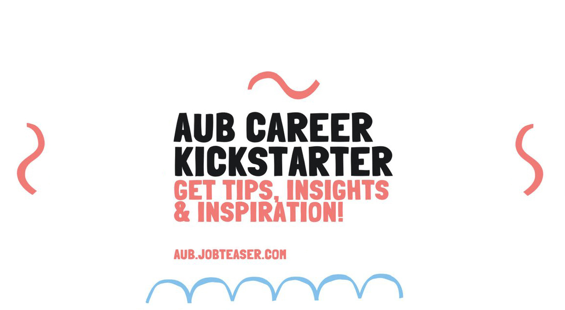 White banner with red squiggles and the text "AUB Career Kick-starter get tips, insights and inspiration" in the centre.