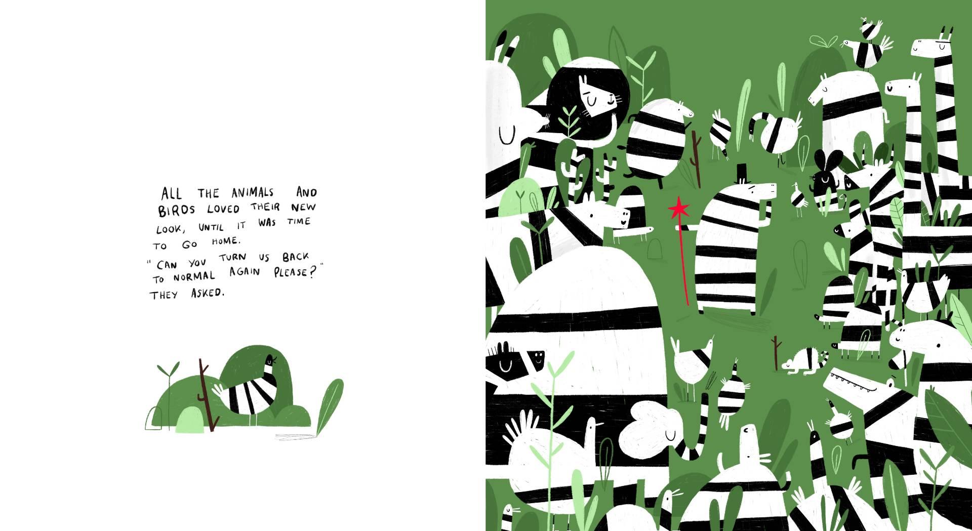 Illustration showing a variety of animals with black and white stripes. There is a block of text on the left-hand page and an illustration of a bird, also with black and white stripes.