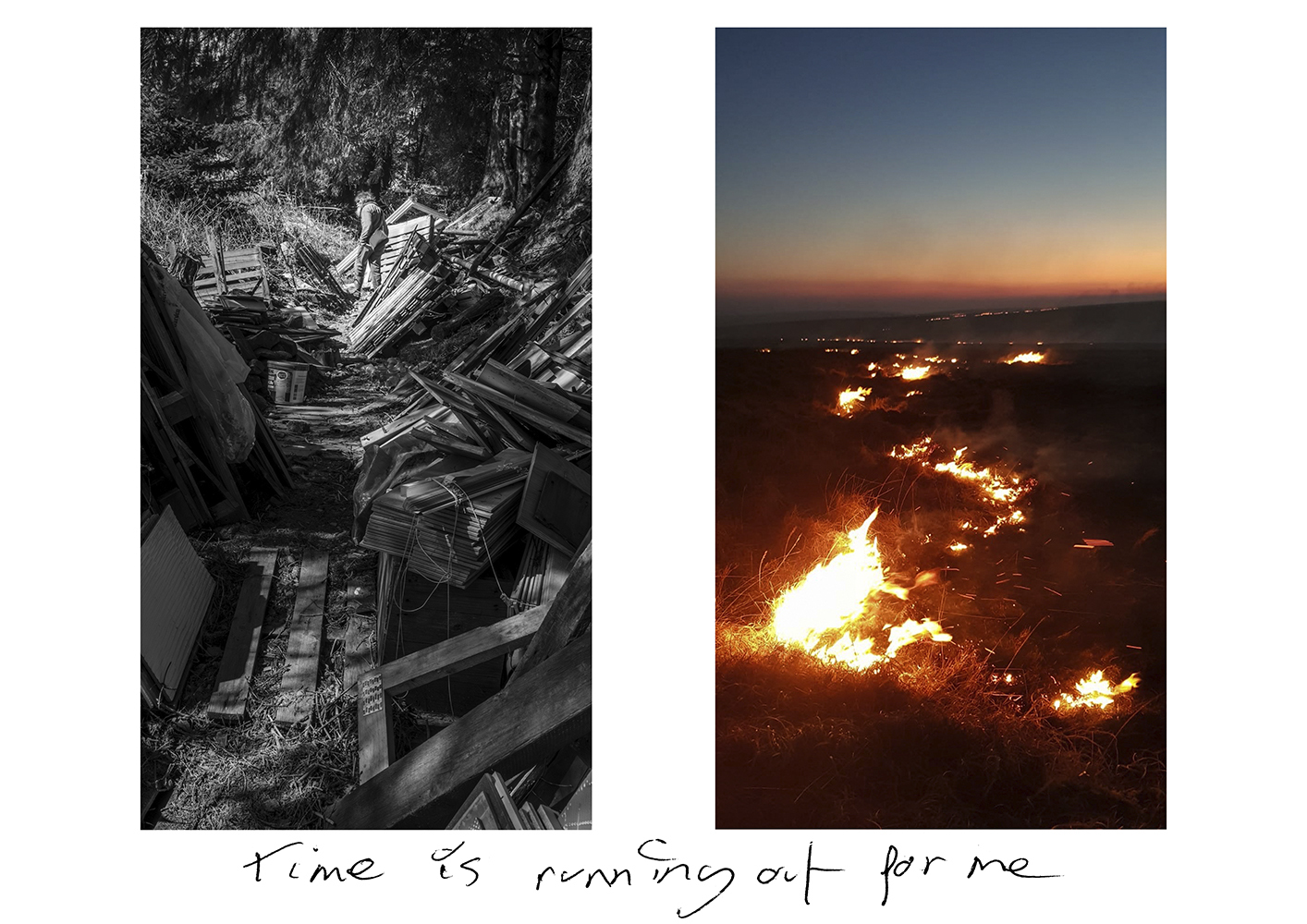 Black and white image of weathered wooden planks on left; colour image on right shows orange flames against dark landscape with blue-orange gradient sky above.
