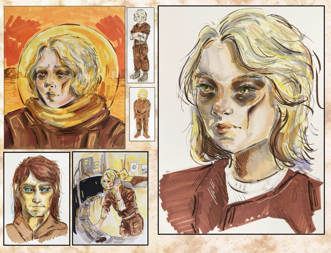 A collage of painterly portrait sketches shows a blonde woman in a maroon top, with smaller full-body figure studies and a seated scene beside her.