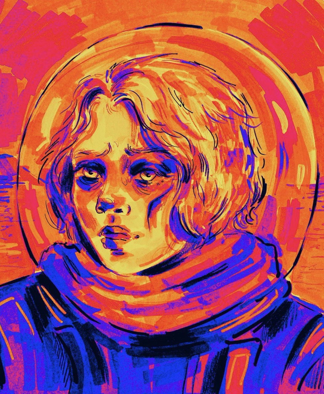A stylised portrait of a blond person wearing a thick scarf, set against a vivid orange background with a circular halo-like shape.