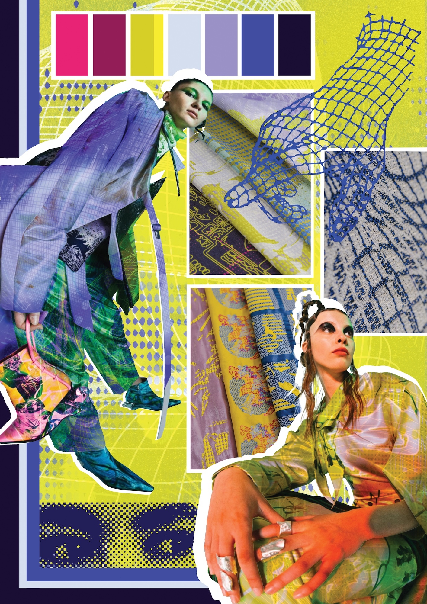 Bright yellow collage with colour palette swatches, geometric grid patterns, and fragmented images of people in various poses and clothing.