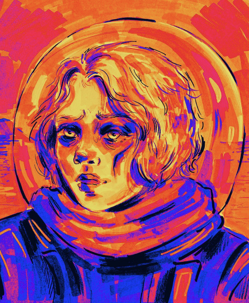 An illustration of a young person with short, wavy hair, wearing a dark spacesuit and a thick collar. The background features vibrant orange and pink hues, providing a contrasting halo-like effect around the figure's head, suggesting an outer space theme.