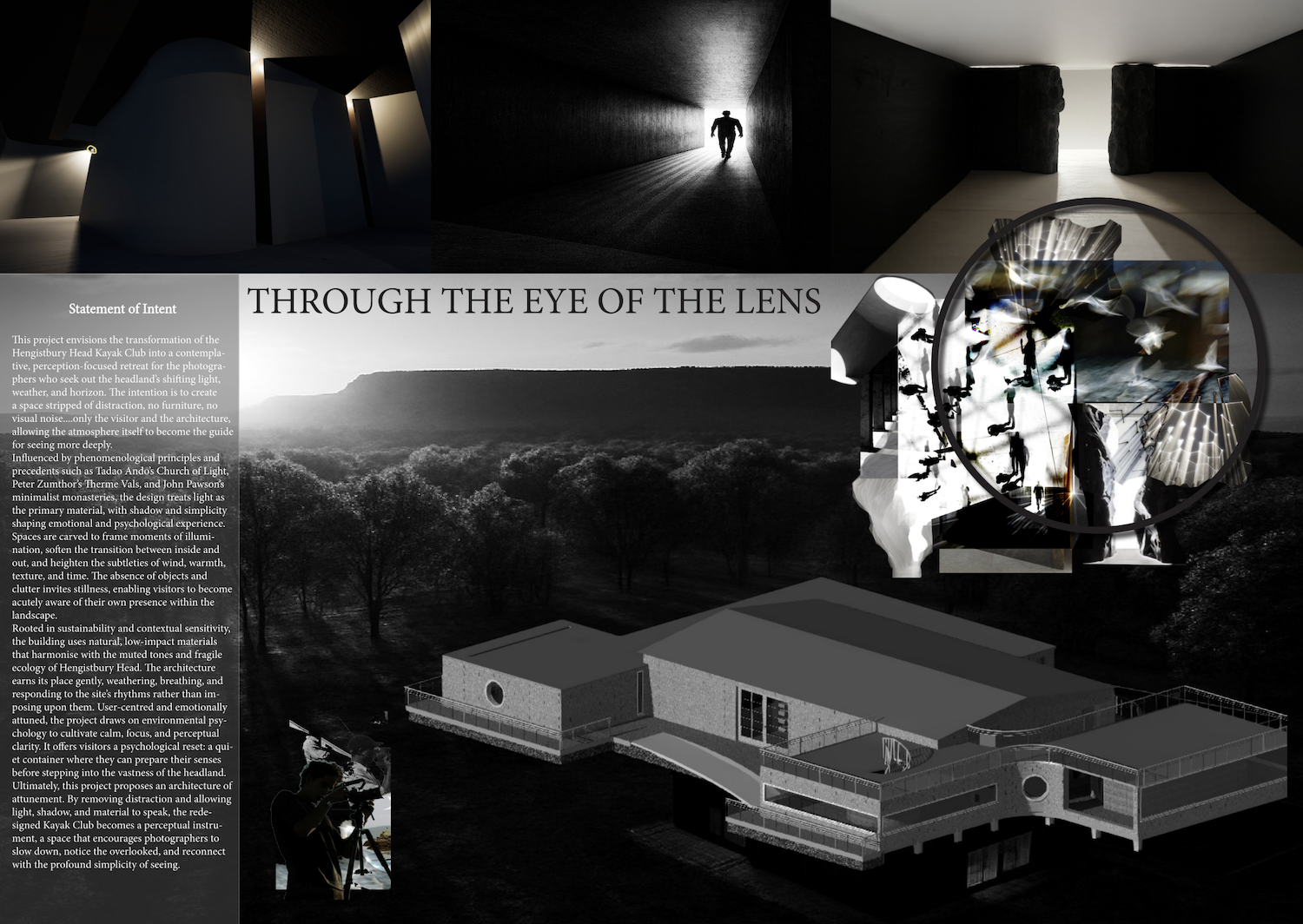 Poster with a 3D architectural design in grayscale as well as several AI-generated images along the top. A column of text appears on the left-hand side under the heading "Statement of Intent". The title "Through the Eye of the Lens" appears near the centre of the page.