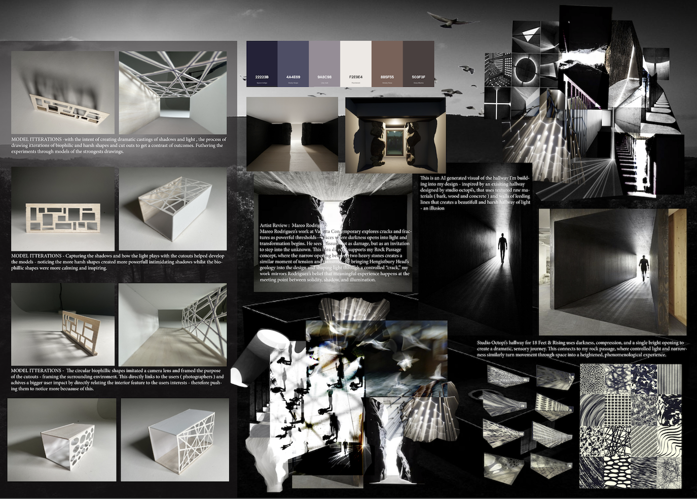 A series of screenshots and photos of architectural models and designs, all captioned underneath in white text.