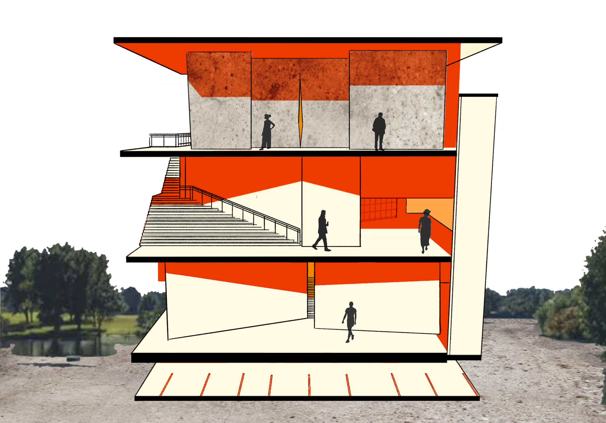 Architectural illustration of a three storey building, with silhouettes of people walking around inside.