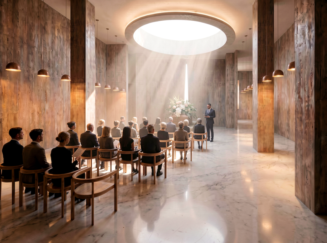 Several people sitting in a crematorium with someone stood at the front officiating. A bright light shines onto the congregation through a large circular skylight.