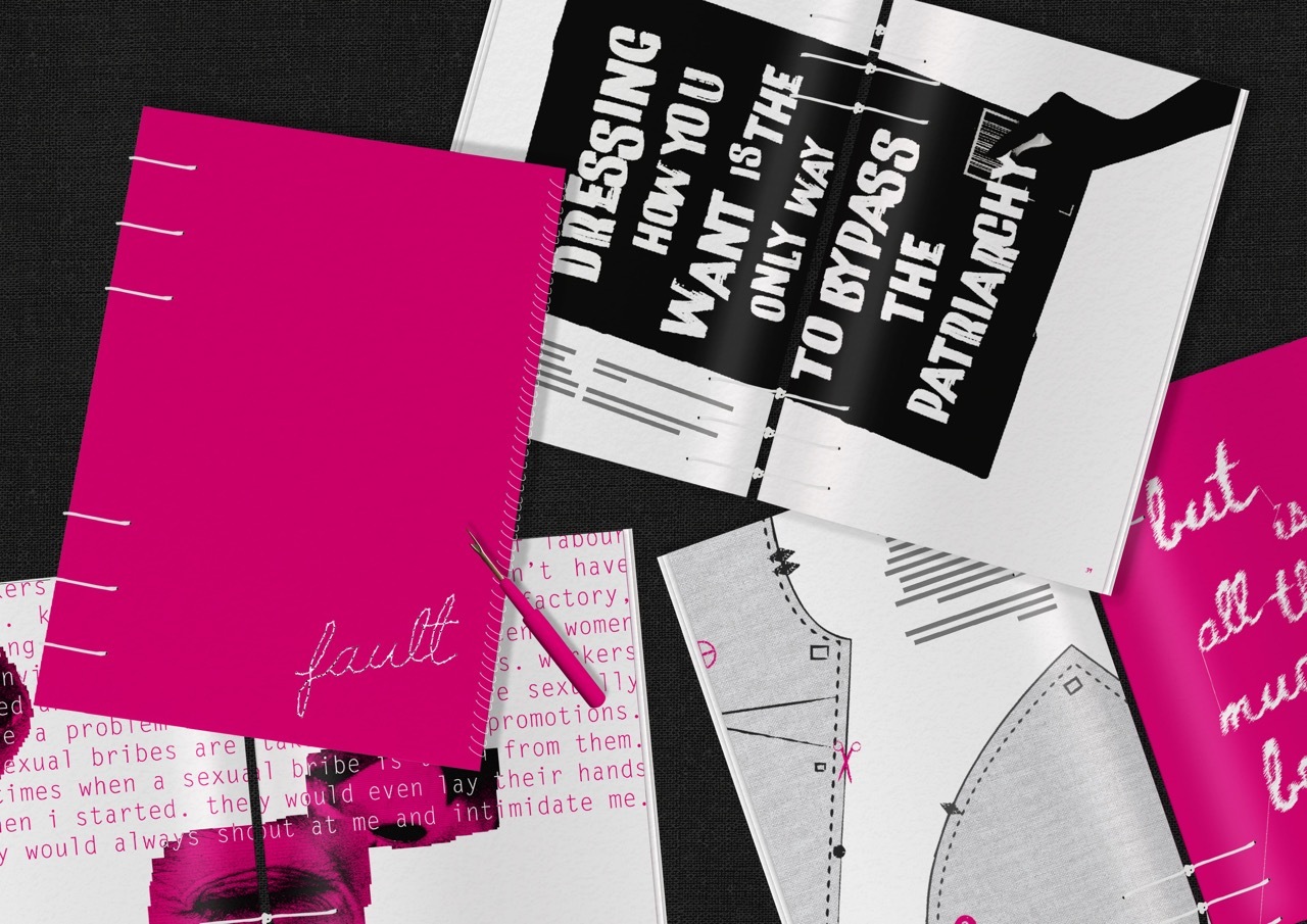 A digital mock-up of several pink and black magazine spreads visually depicting the fashion industry's impact on women.