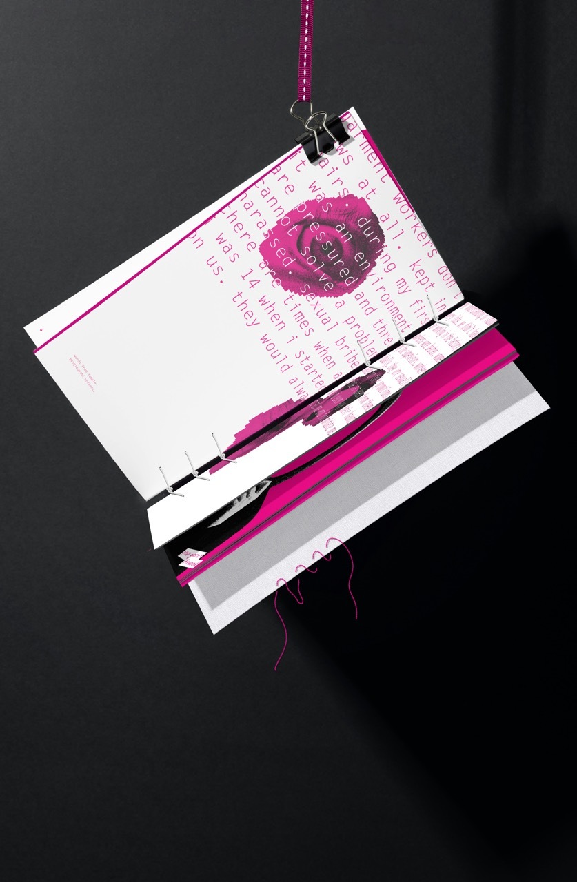 A digital rendition of Fault magazine hanging from a bulldog clip. Its open page lists some testimonies from women affected by the fashion industry’s misogyny, and thread hangs from its back page to imply the book is bound shut upon receiving.