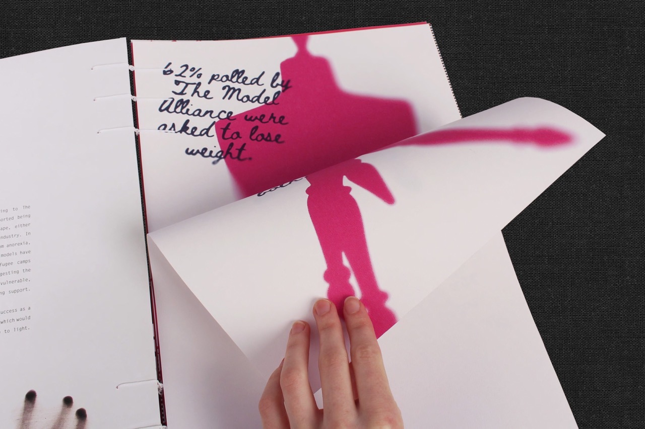 Photograph of a hand interacting with a fold-out page of a mannequin with quotes from models discussing their experiences of working in the fashion industry.