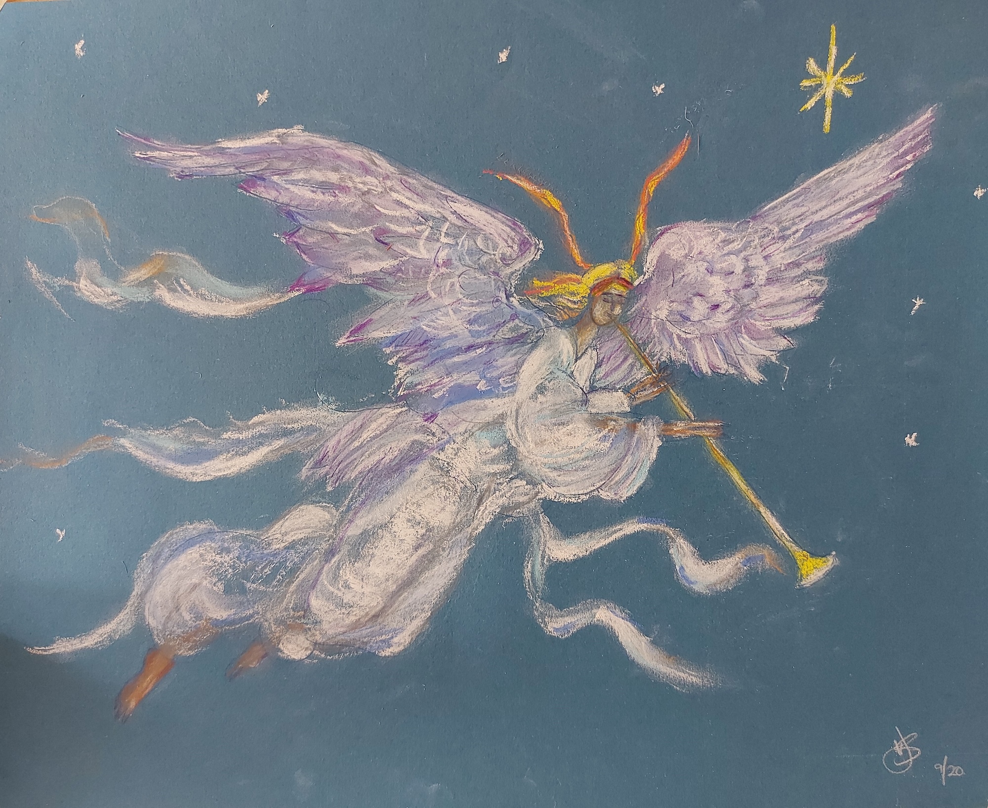 Winged figure in white robes with purple-tinted wings against blue-grey background, golden star above, white flowing fabric elements.