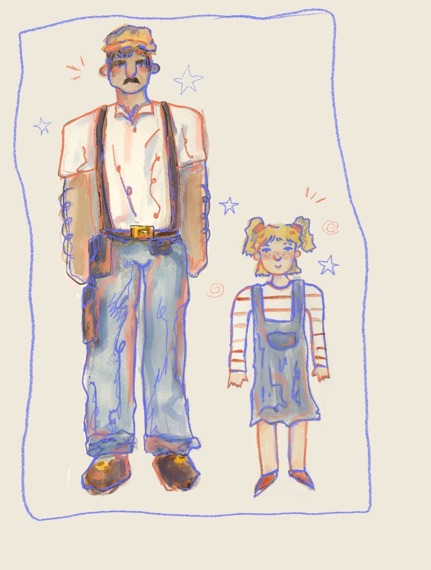 Colour illustrations of two characters – a tall man wearing a white shirt, blue jeans and a yellow hat, and a small girl wearing a striped top with blonde pigtails. Both are surrounded by a pencil-style rectangular border.