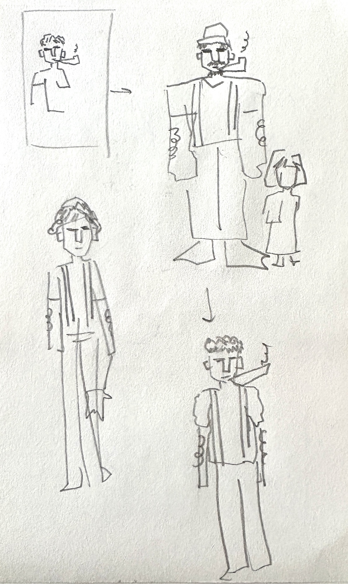 Pencil line sketches on a piece of white paper of four characters.