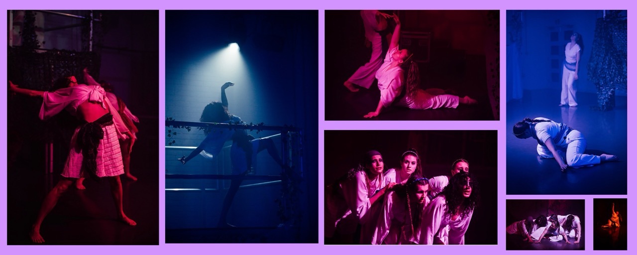 Six theatre performance images in a grid layout. Red and pink lighting dominates left panels showing performers in dramatic poses. Blue lighting illuminates right panels with silhouetted figures and performers in white clothing.