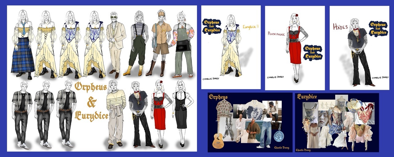 Character design sheets showing various anime-style figures in different outfits including formal wear, casual clothes, and uniforms arranged in a blue-bordered grid layout.