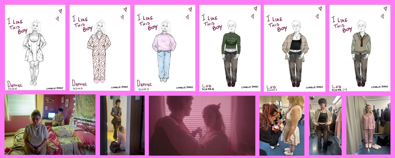 Grid of six fashion sketches showing different outfits with pink borders above six photographs of people in various indoor settings.