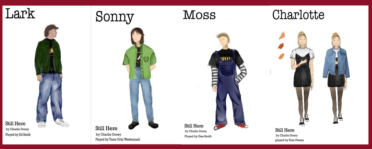 Character lineup showing four named figures: Lark in green jacket and jeans, Sonny in green shirt and jeans, Moss in dark jumper and trousers, Charlotte in black and grey outfits.