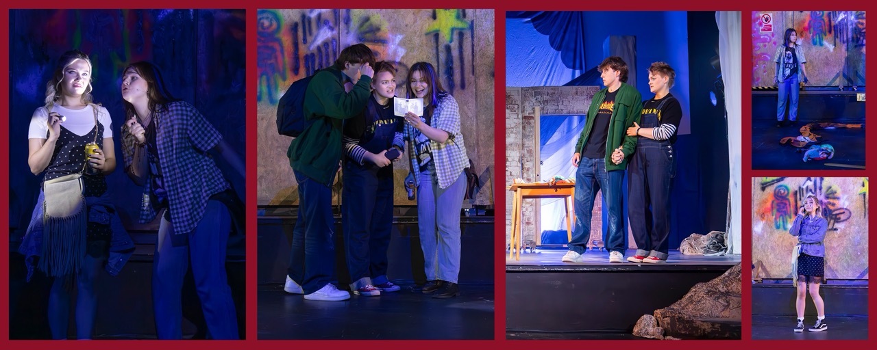 Collage of six panels showing people in casual clothing against various indoor backgrounds with blue, purple, and warm lighting tones.