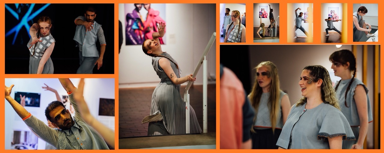 Collage of seven images showing people exercising and using fitness equipment in various indoor settings with orange and blue lighting.