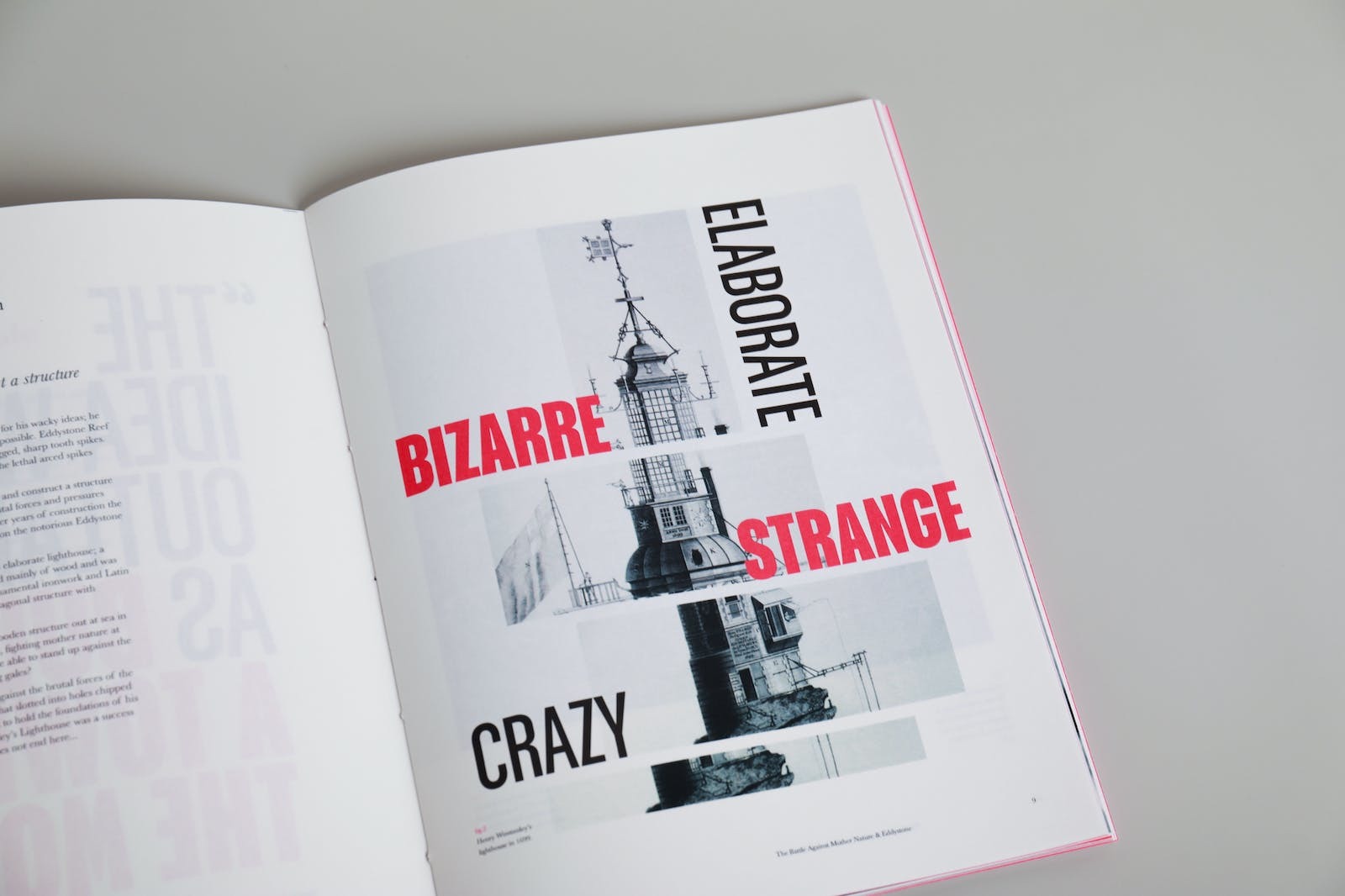 open page from a book by student Charlotte Boland, the page features images of a building set in a stylised layout with words like 'Bizarre', 'elaborate', 'strange' and 'crazy' written around it