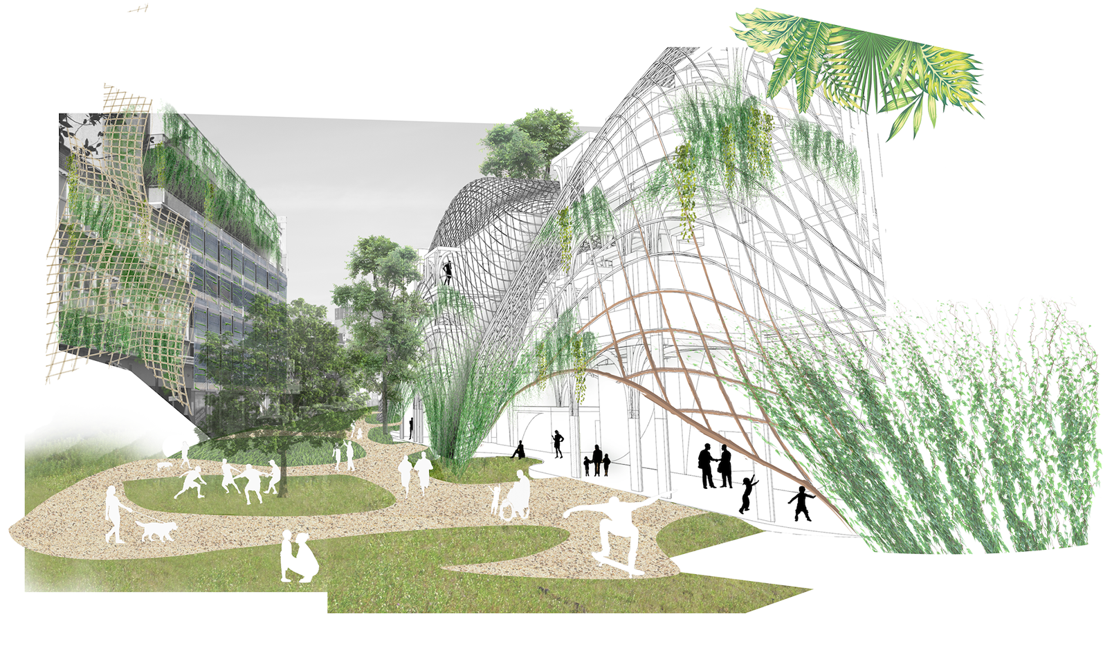 Architectural mock-up of a large domed building with a park outside and silhouettes of people walking, skateboarding and walking their dogs.