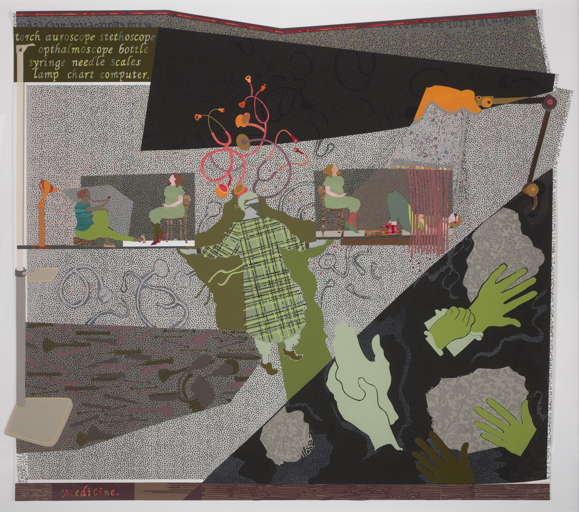 An abstract collage with layered figures, green hands and geometric shapes, plus small handwritten labels in the top-left and bottom edge.