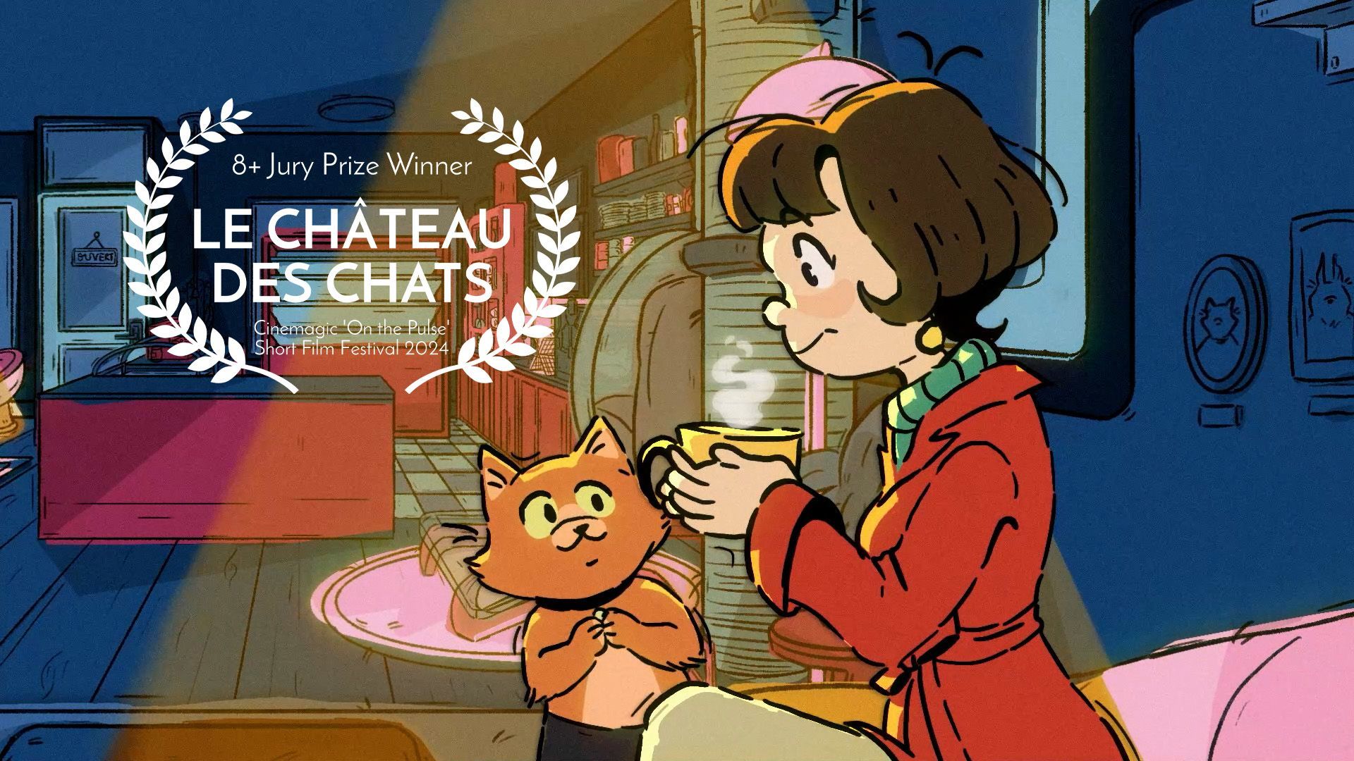 Illustration of a girl in a coat holding a steaming cup of tea while a cat watches smiling. Film festival laurels on the left contain text reading "8+ Jury Prize Winner Le Château Des Chats"