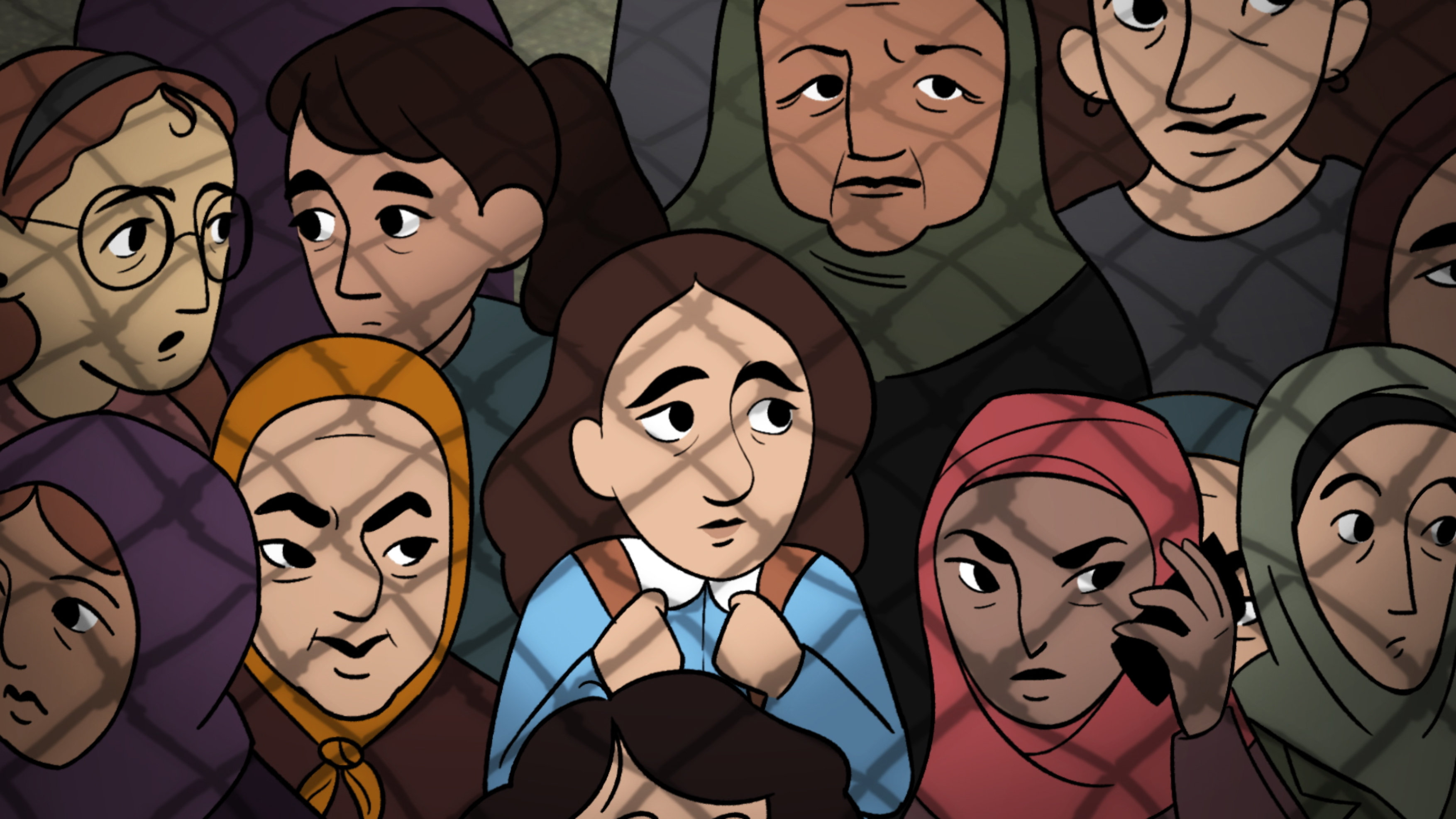Animated image of a crowd of people behind a mesh fence.