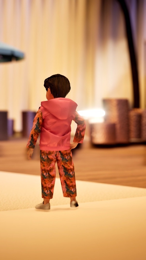 3D render of a child wearing floral and pink clotheswear, behind view.