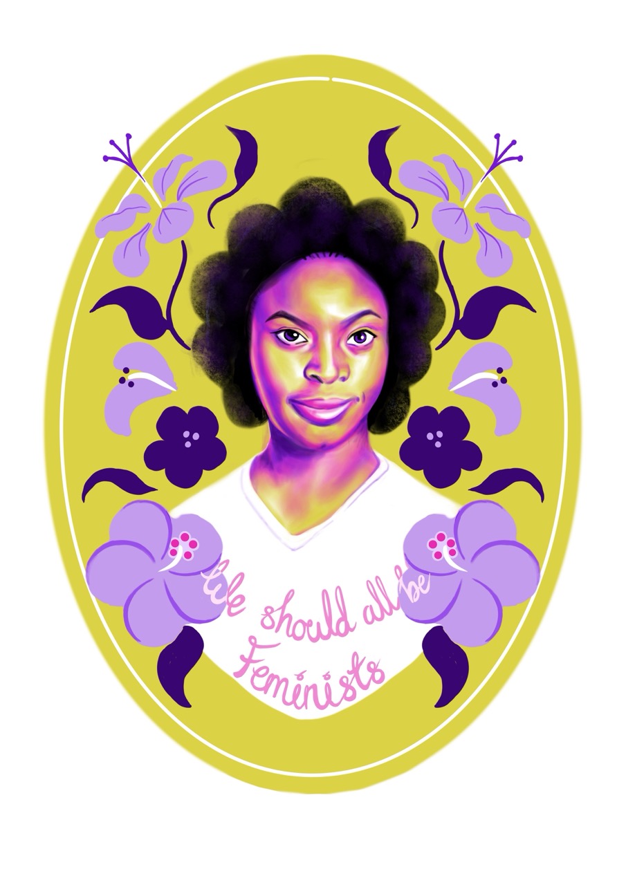 Illustrated portrait of a woman centred in a yellow oval frame, surrounded by purple flowers and the phrase 'We should all be feminists' below her.