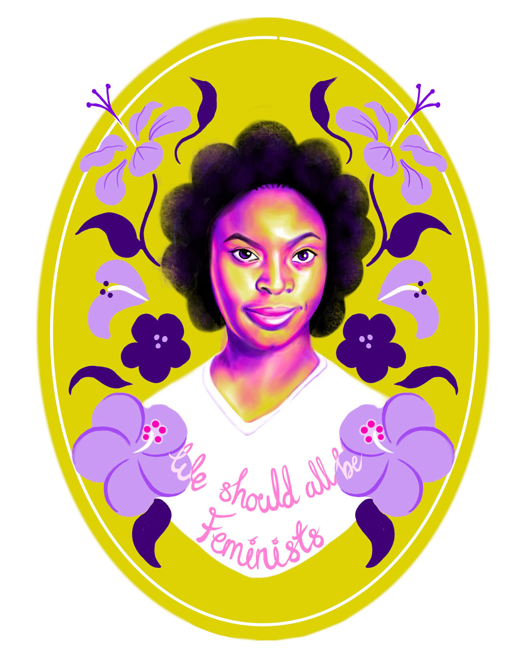 Stylised portrait of a woman with an afro, framed by purple flowers and a yellow oval border, with the text 'She should always be one of our favourites' on her white top.