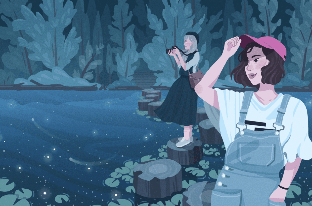 Two women stepping stones