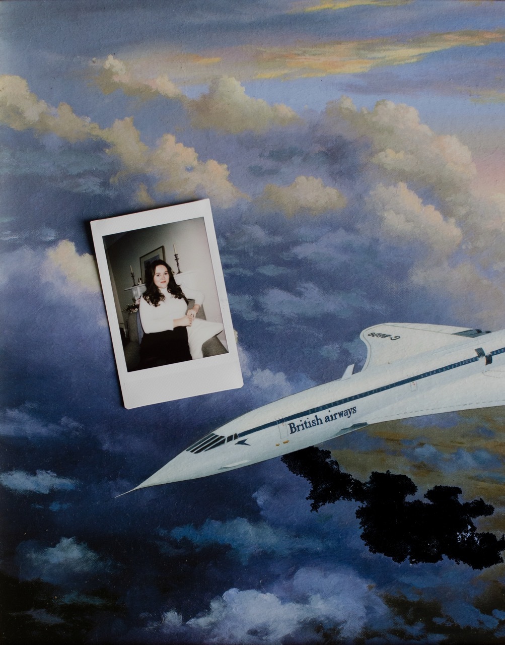 Polaroid of Chloe Davenport on a vintage-style illustration of a British Airways Concorde in a cloudy sky.